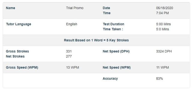 online typing tutor result